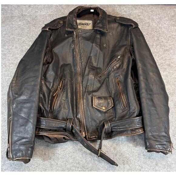 VINTAGE Unik Biker Leather Jacket Men Size 46 Brown USA Flag Embossed Motorcycle - Picture 1 of 10